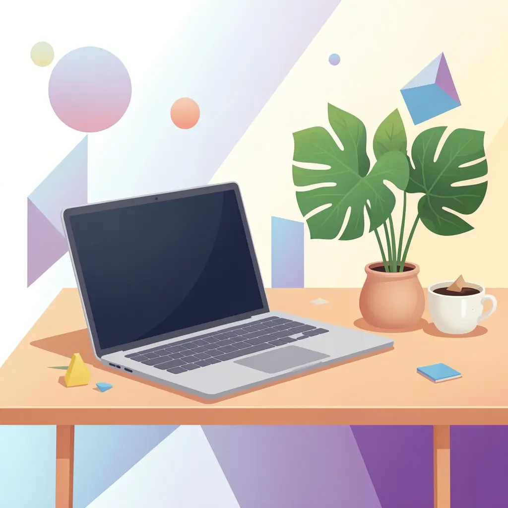 Abstract illustration of a workspace with a laptop, plant, and coffee cup representing a productive environment