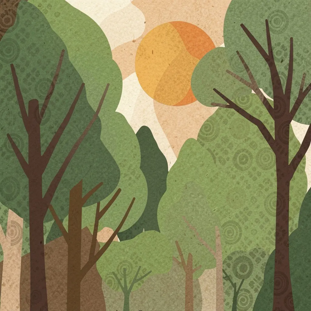 Abstract nature scene with stylized green trees and warm sun representing outdoor breaks